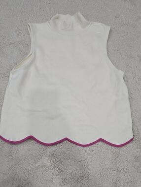Maeve Cream Sleeveless Mock Neck Top with Pink Scalloped Hem